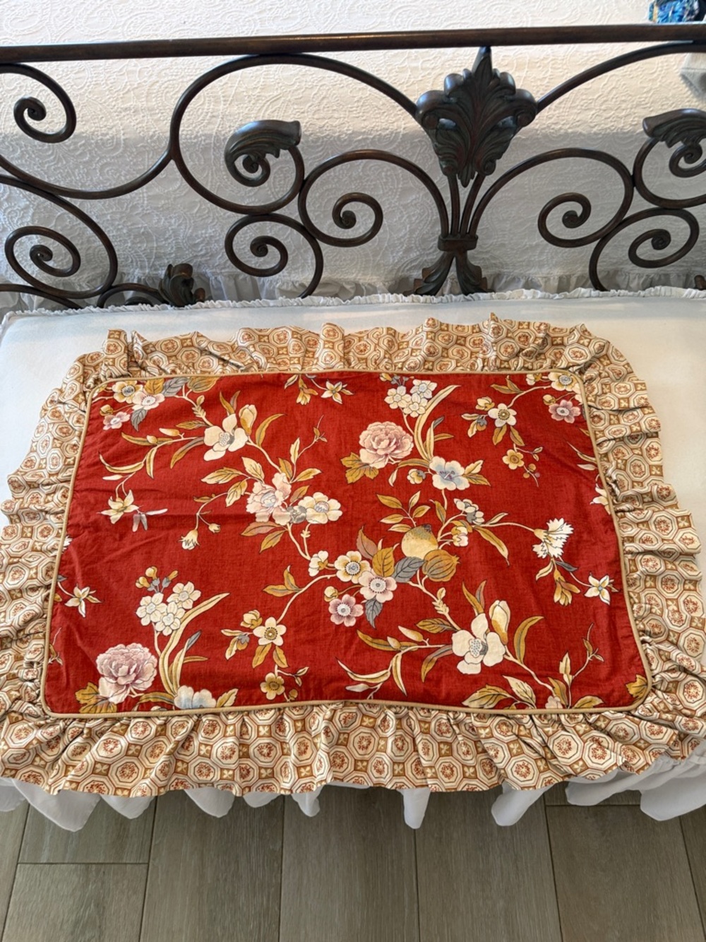 Custom Made Vintage Red Floral Queen Pillow Cover with Ruffled Border